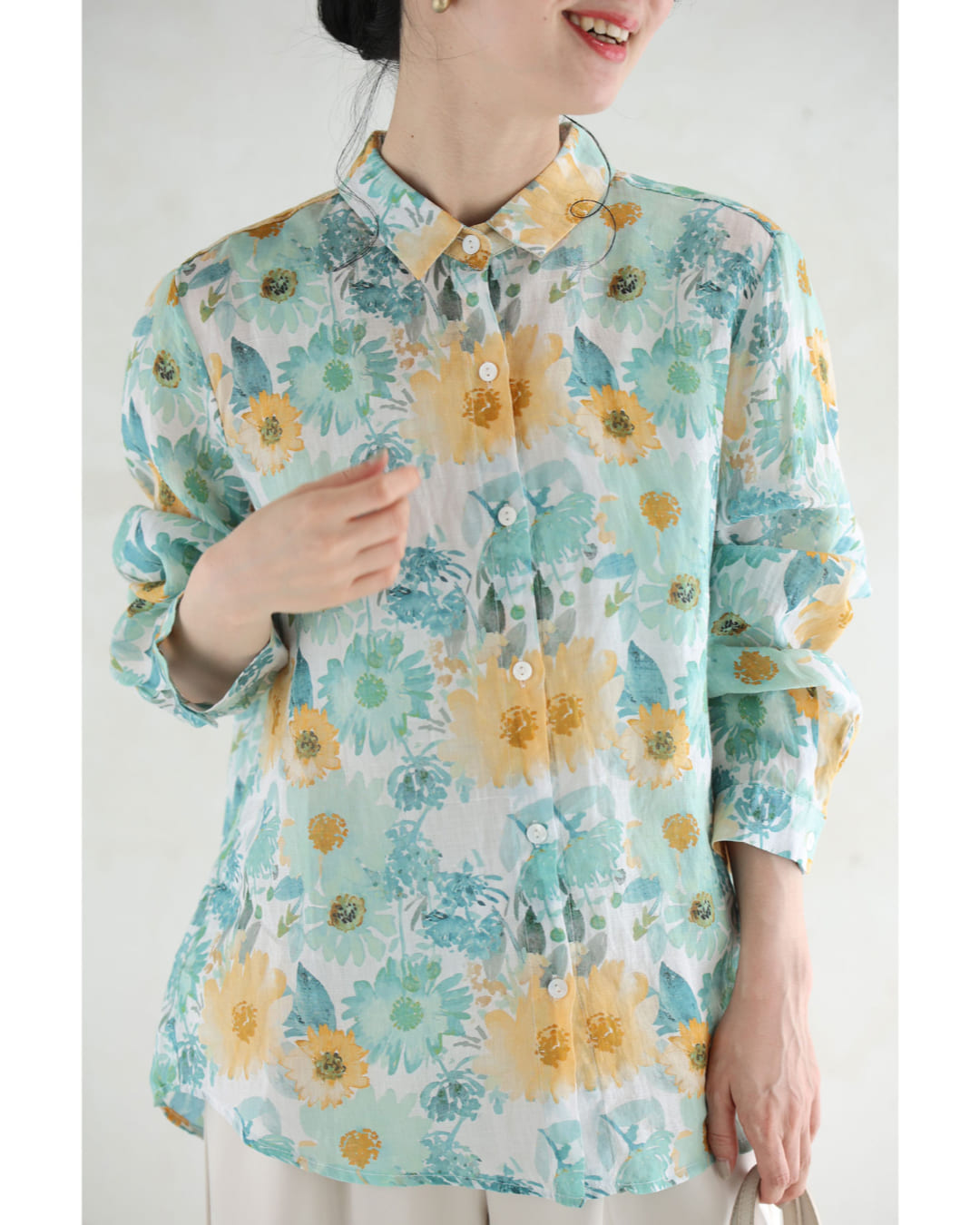 カワイイ CAWAII 涼しく柔らかな花の水彩画シャツトップス (グリーン) グリーン