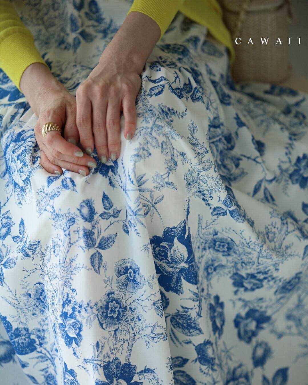 カワイイ CAWAII 優美な青で描くアンティーク風花柄ミディアムスカート (ブルー) ブルー