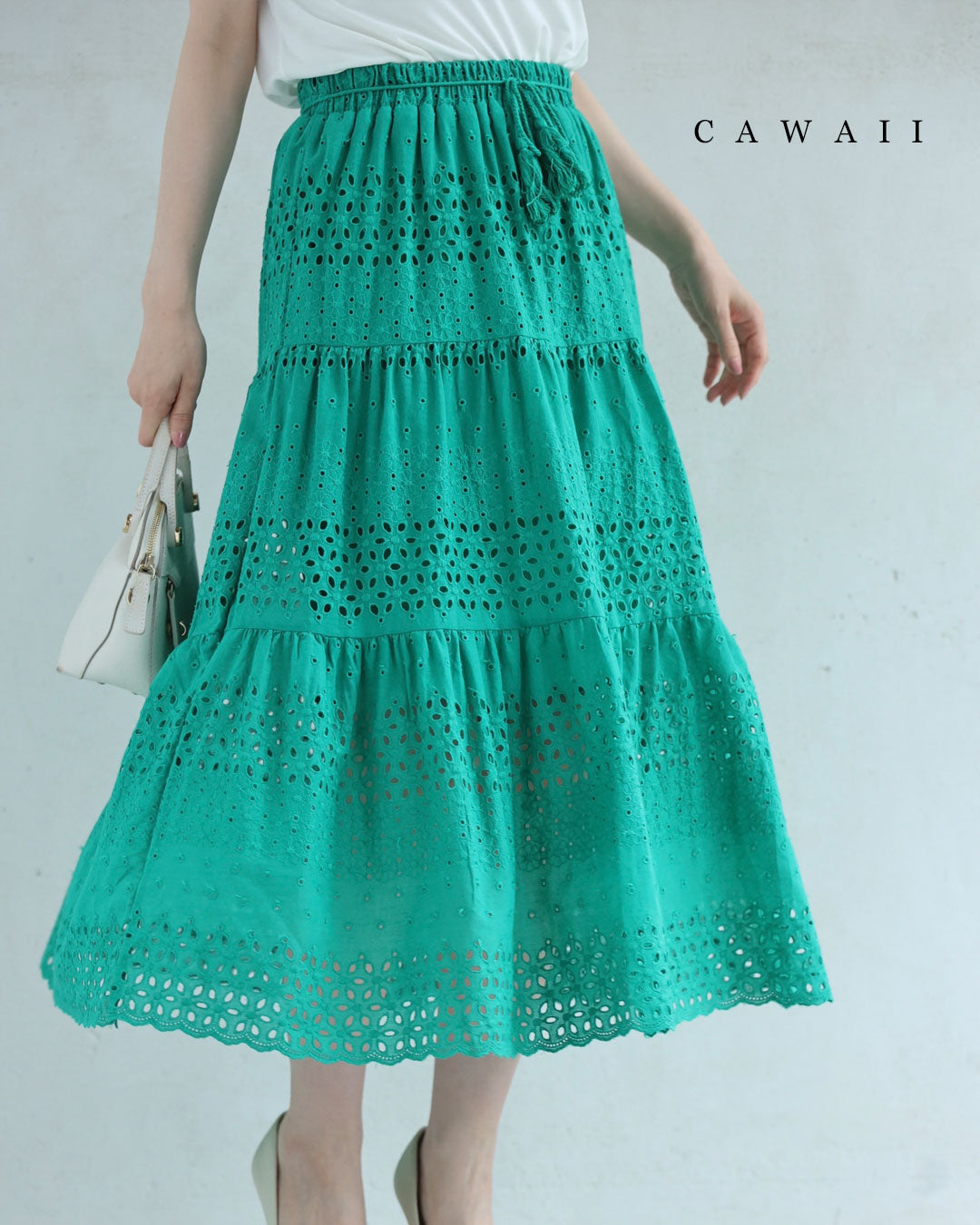 カワイイ CAWAII 鮮やかグリーンのパンチングレースミディアムスカート(紐付き) (グリーン) グリーン