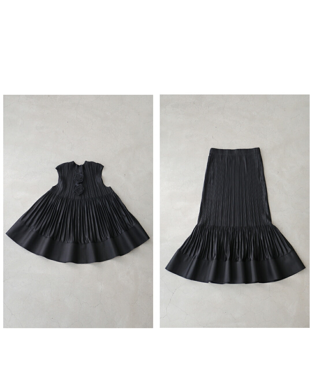 カワイイ CAWAII (黒)伸びやかプリーツのフレア裾カットソーとフレア裾スカートの2点セット(ブローチ2個付き)【set】 (ブラック) ブラック