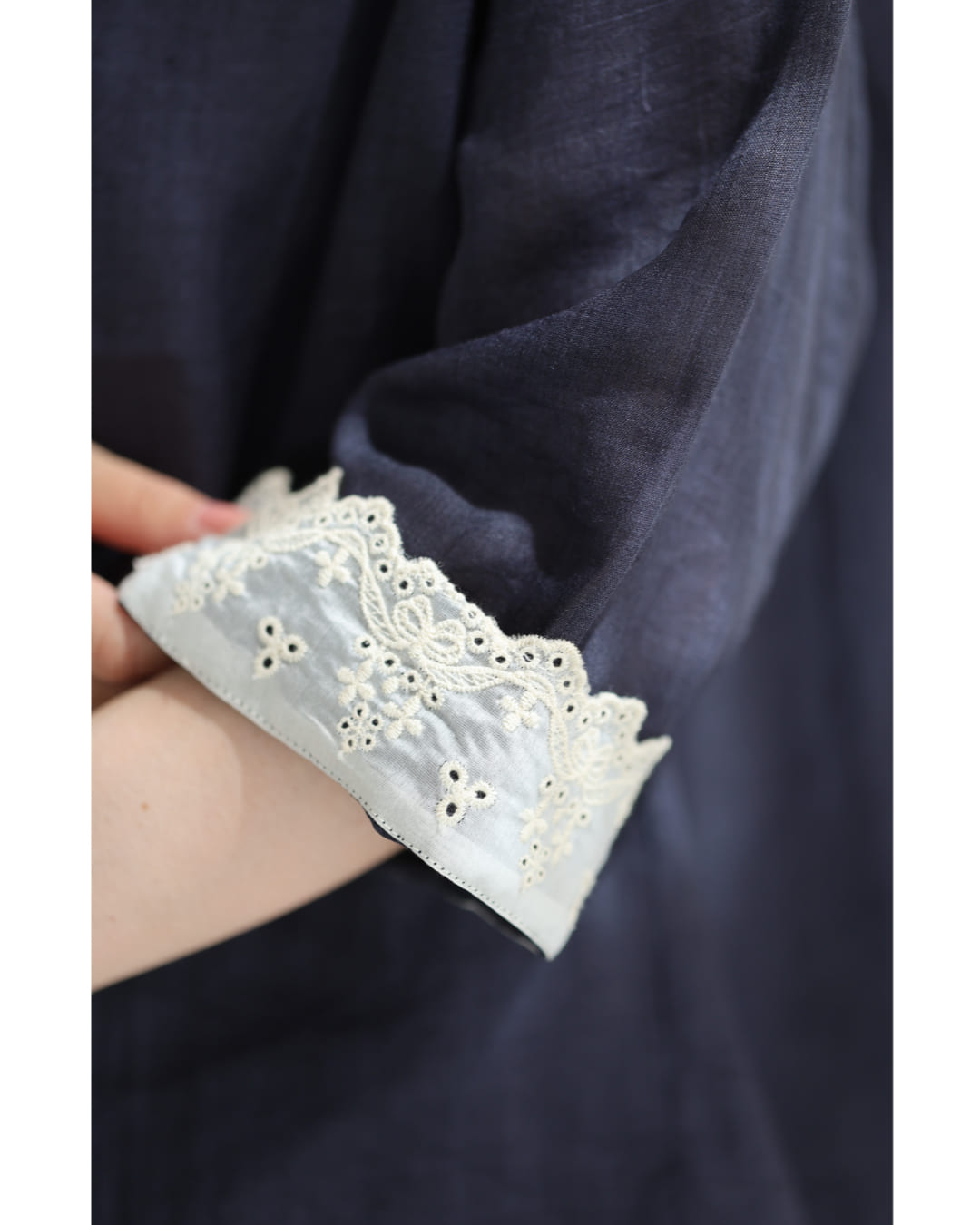 カワイイ CAWAII (濃紺)風通る涼しさの折り返しレース袖リネンジャケット (ネイビー) ネイビー