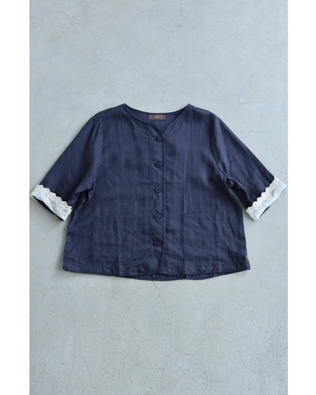 カワイイ CAWAII (濃紺)風通る涼しさの折り返しレース袖リネンジャケット (ネイビー) ネイビー