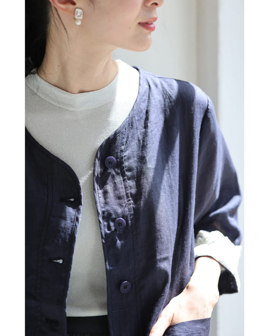 カワイイ CAWAII (濃紺)風通る涼しさの折り返しレース袖リネンジャケット (ネイビー) ネイビー