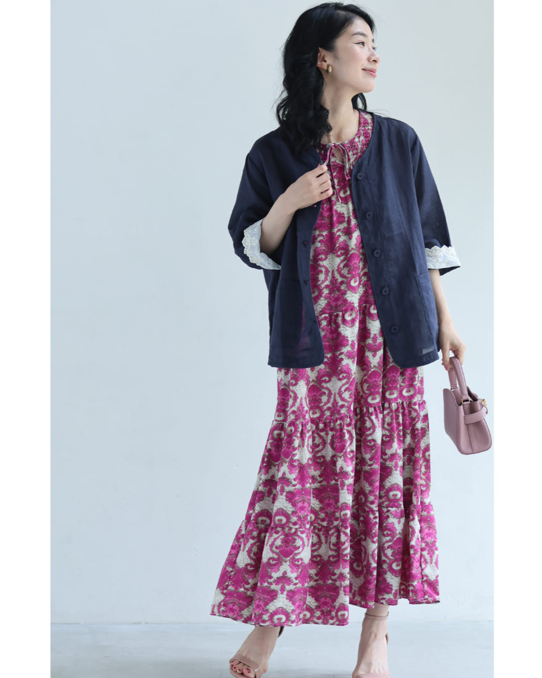 カワイイ CAWAII (濃紺)風通る涼しさの折り返しレース袖リネンジャケット (ネイビー) ネイビー