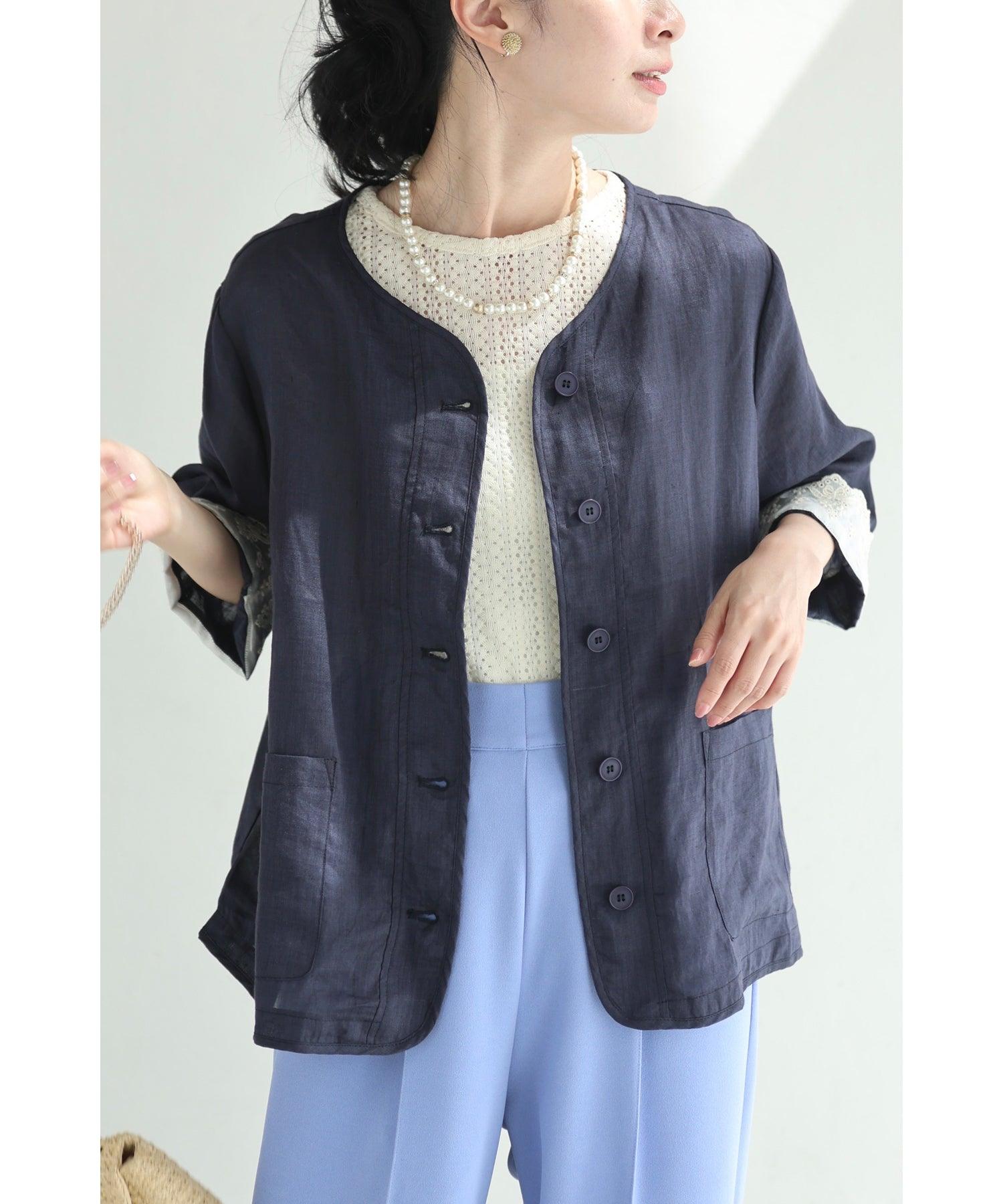 カワイイ CAWAII (濃紺)風通る涼しさの折り返しレース袖リネンジャケット (ネイビー) ネイビー