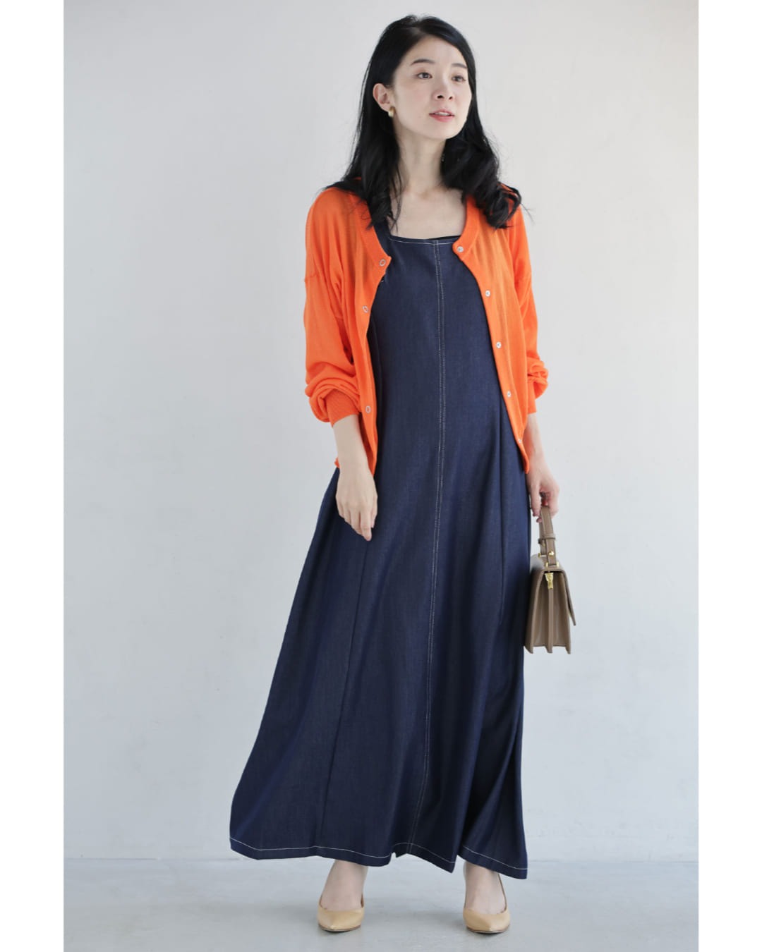 カワイイ CAWAII スクエアネックの柔らかなデニム調ロングワンピース(ベルト付き) (ネイビー) ネイビー