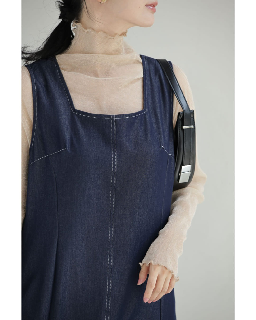 カワイイ CAWAII スクエアネックの柔らかなデニム調ロングワンピース(ベルト付き) (ネイビー) ネイビー