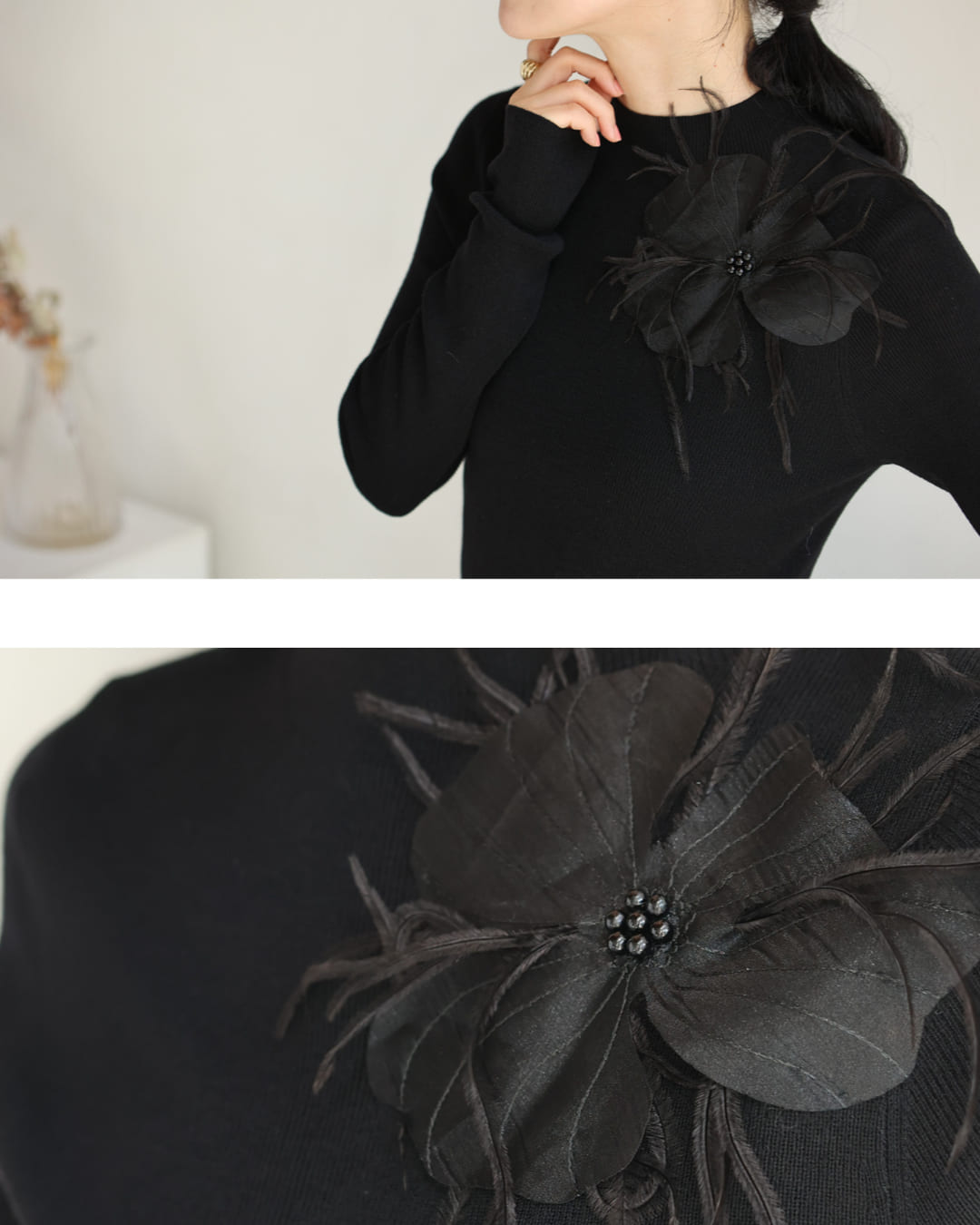 カワイイ CAWAII (黒)心に宿る立体花のニットカットソートップス (ブラック) ブラック