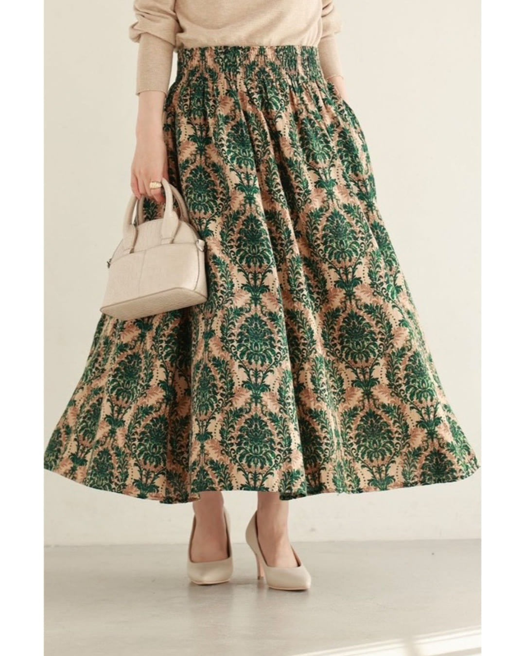 カワイイ CAWAII 華やぐグリーンダマスク柄ロングスカート (グリーン) グリーン
