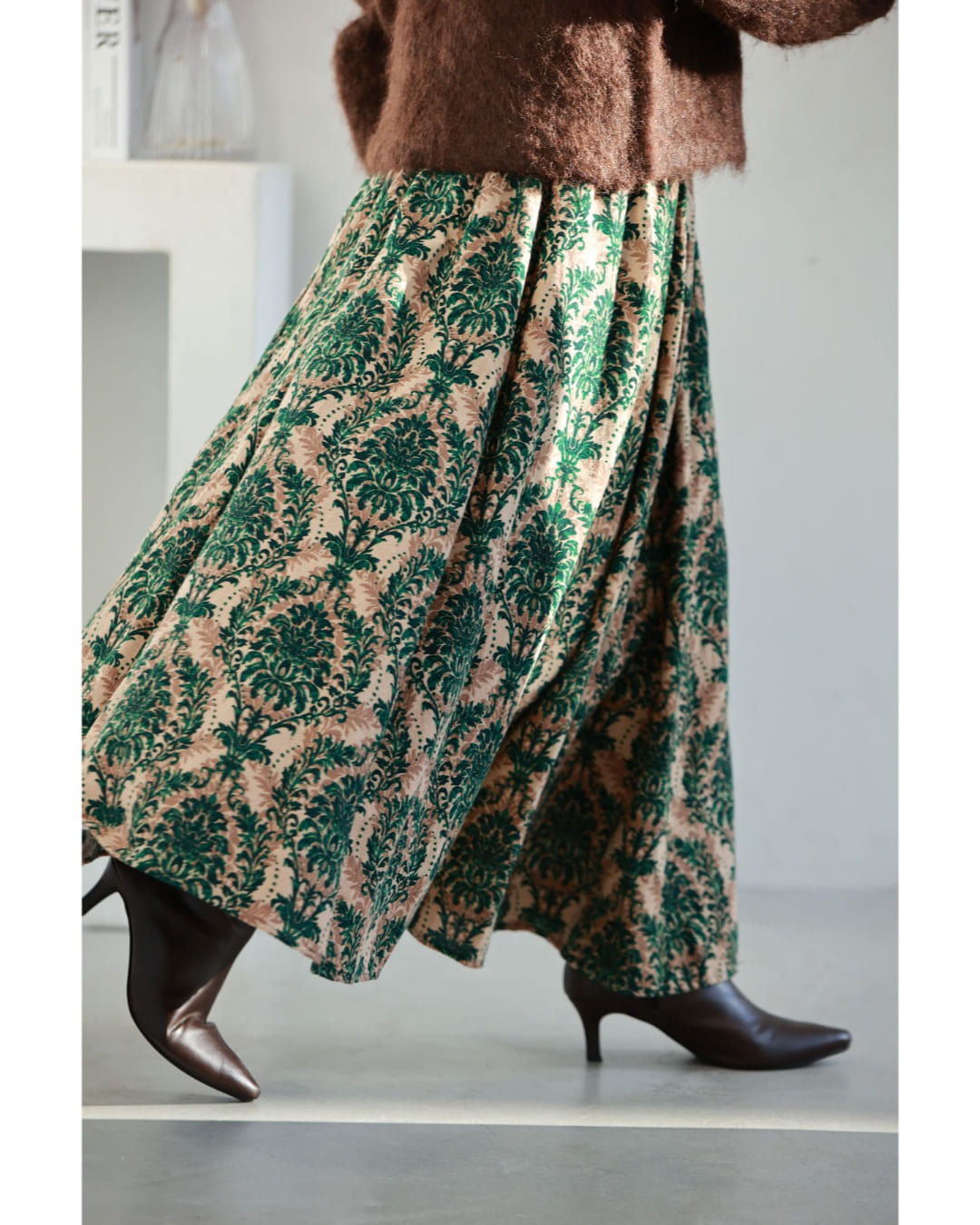 カワイイ CAWAII 華やぐグリーンダマスク柄ロングスカート (グリーン) グリーン