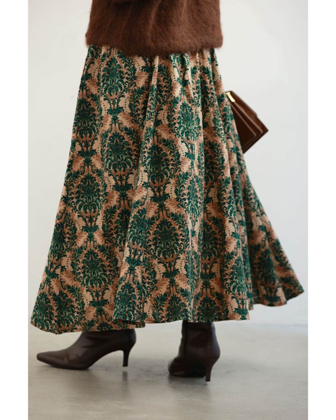 カワイイ CAWAII 華やぐグリーンダマスク柄ロングスカート (グリーン) グリーン