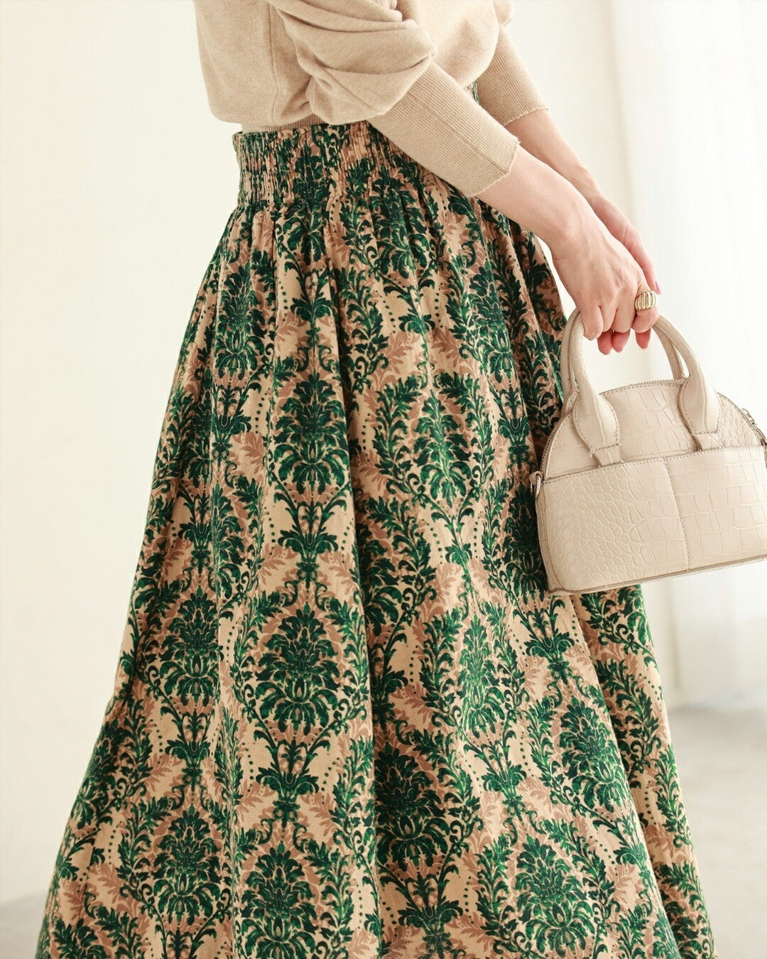 カワイイ CAWAII 華やぐグリーンダマスク柄ロングスカート (グリーン) グリーン
