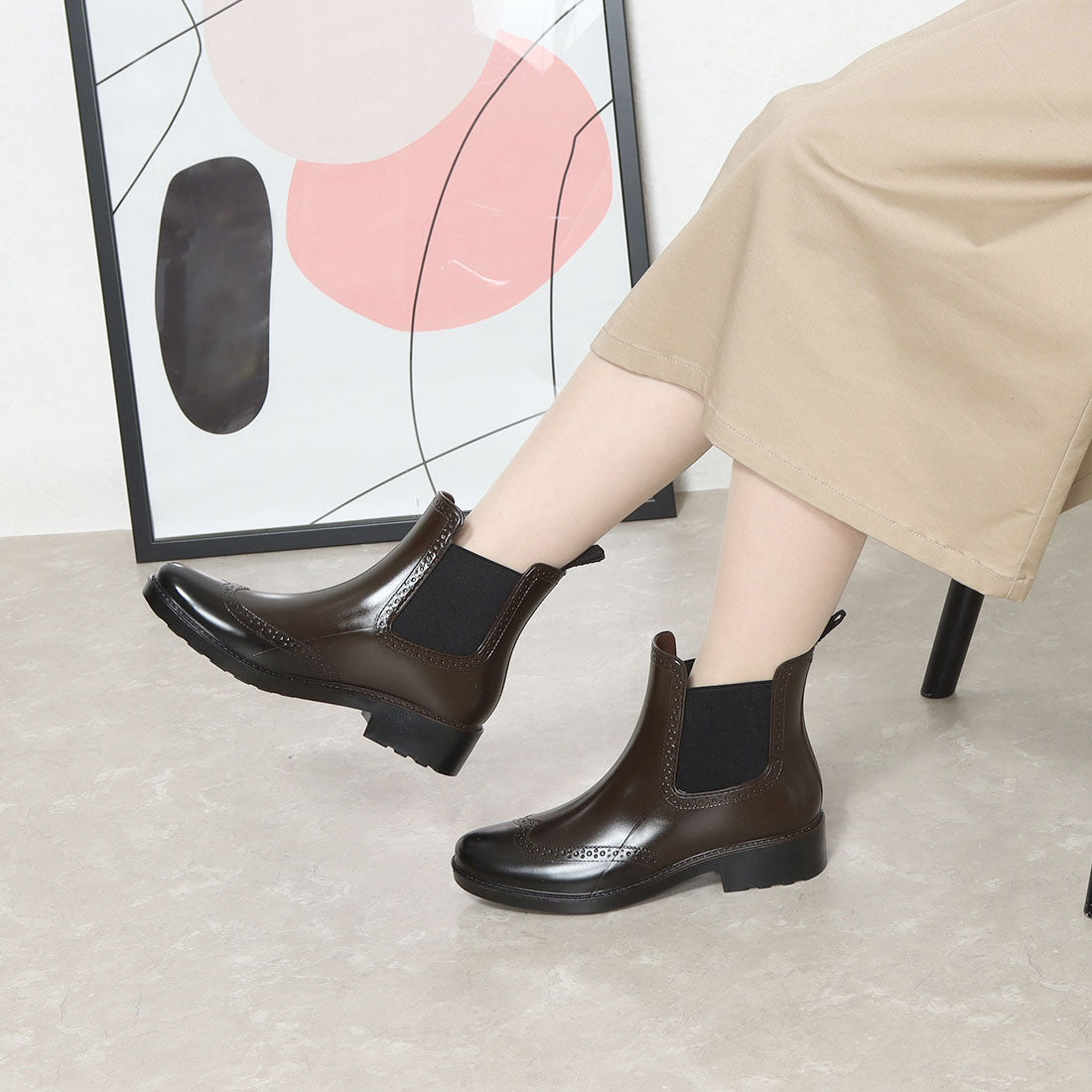 カプチーノ CAPPUCCINO レディースレイン ショートブーツ サイドゴア Uチップ メダリオン J1001 (ブラック) ブラック