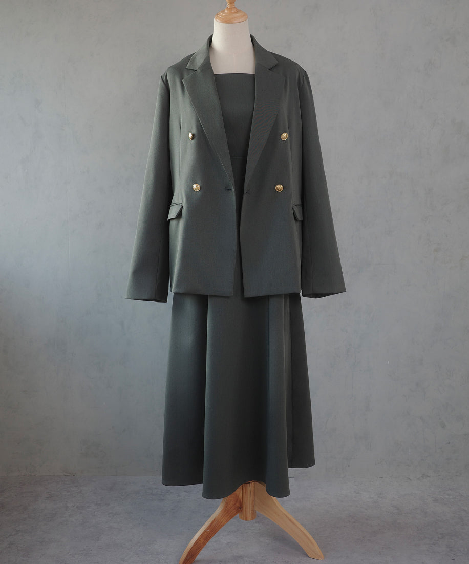 セネア CENEA CENEA 金ボタンテーラードジャケット+キャミワンピース (チャコール) チャコール