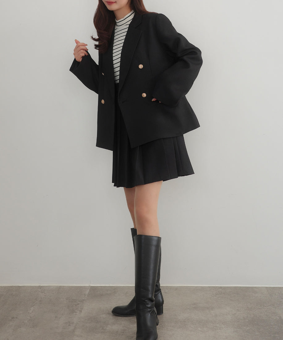セネア CENEA CENEA 金ボタンテーラードジャケット+プリーツミニスカート(インナーパンツ付き) set (ブラック) ブラック