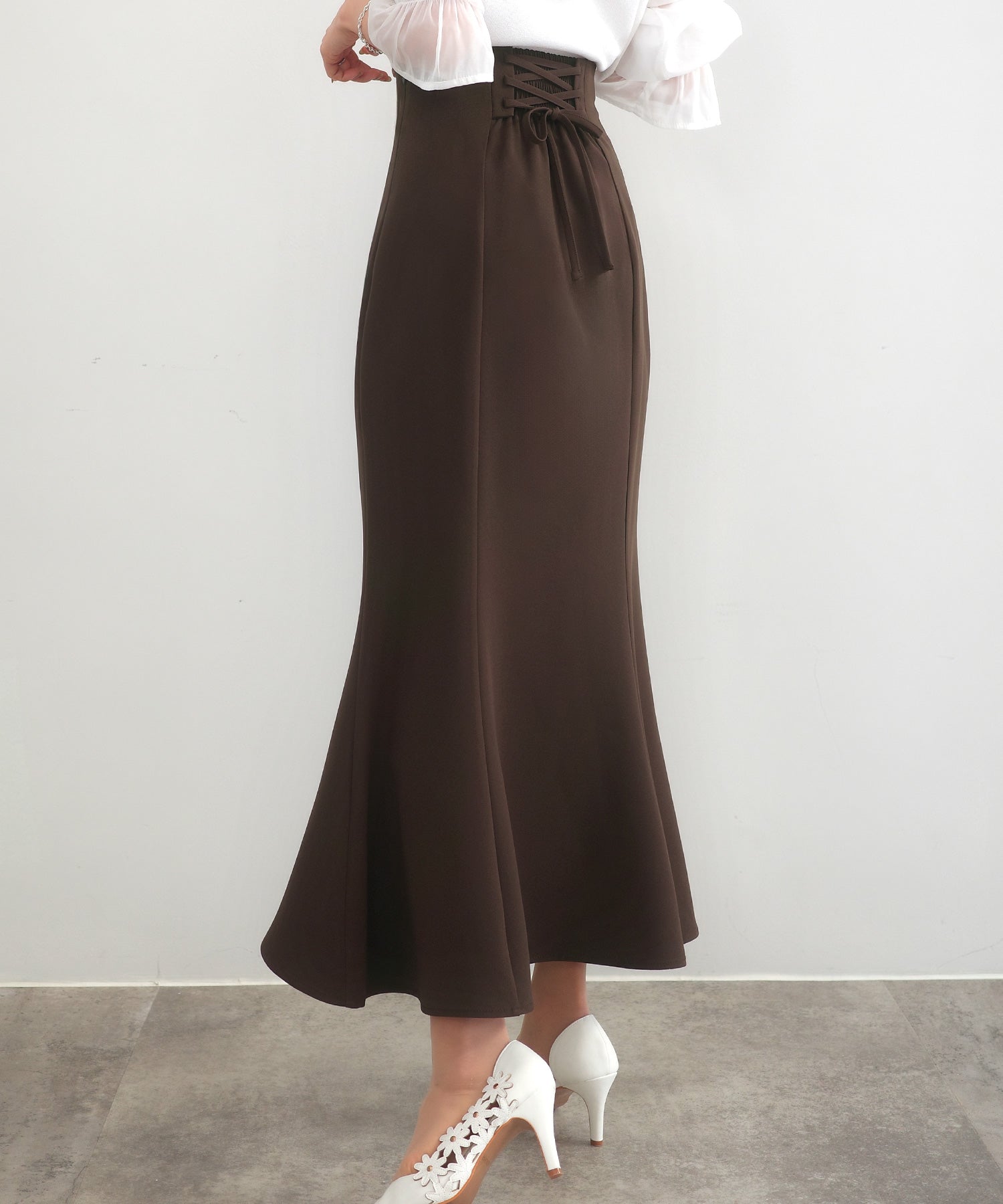 セネア CENEA CENEA ハイウエストレースアップマーメイドスカート (ブラウン) ブラウン