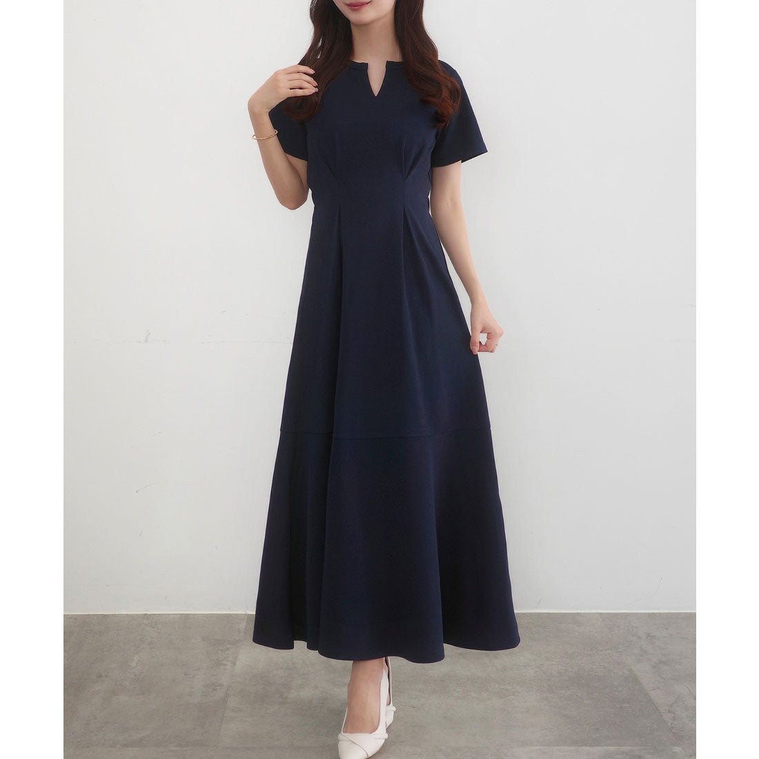 セネア CENEA CENEA キーネックタックデザインワンピース (ネイビー) ネイビー