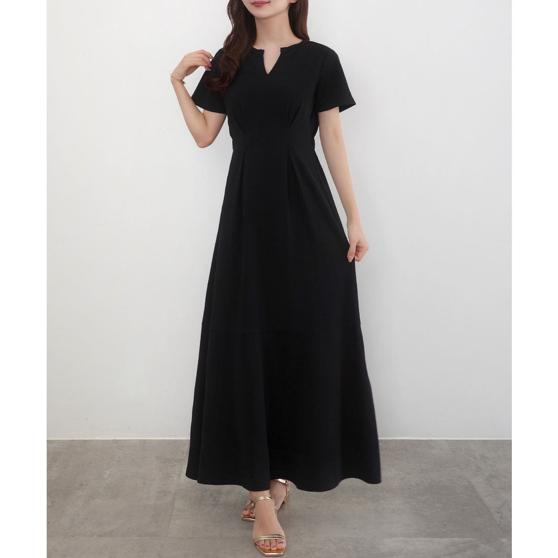 セネア CENEA CENEA キーネックタックデザインワンピース (ブラック) ブラック