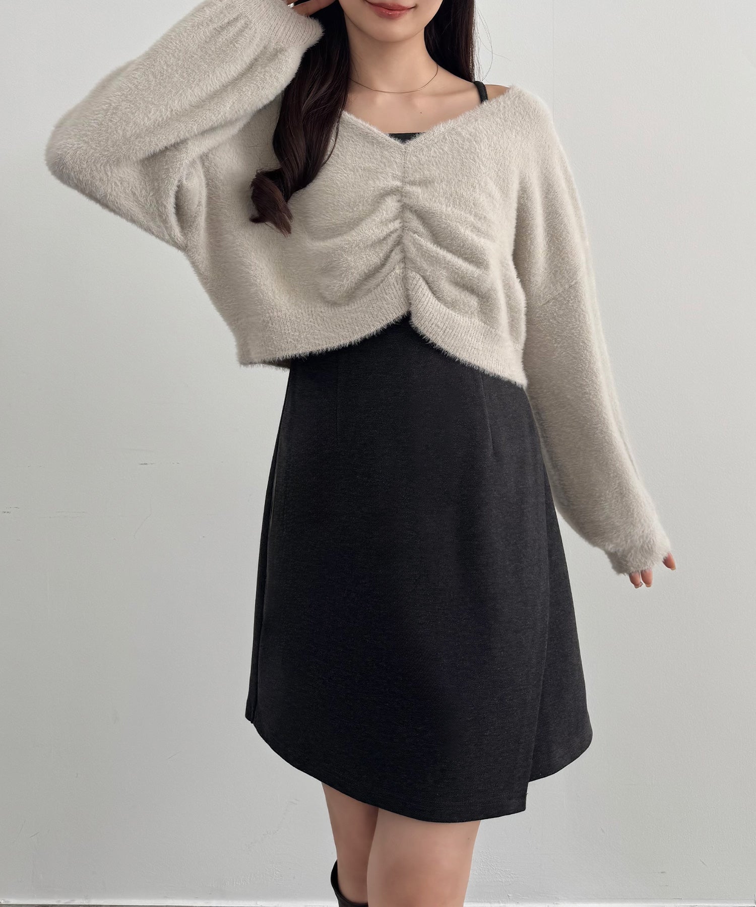 セネア CENEA CENEA 2WAYギャザーシャギーニット+ミニキャミワンピース (ライトグレー) ライトグレー