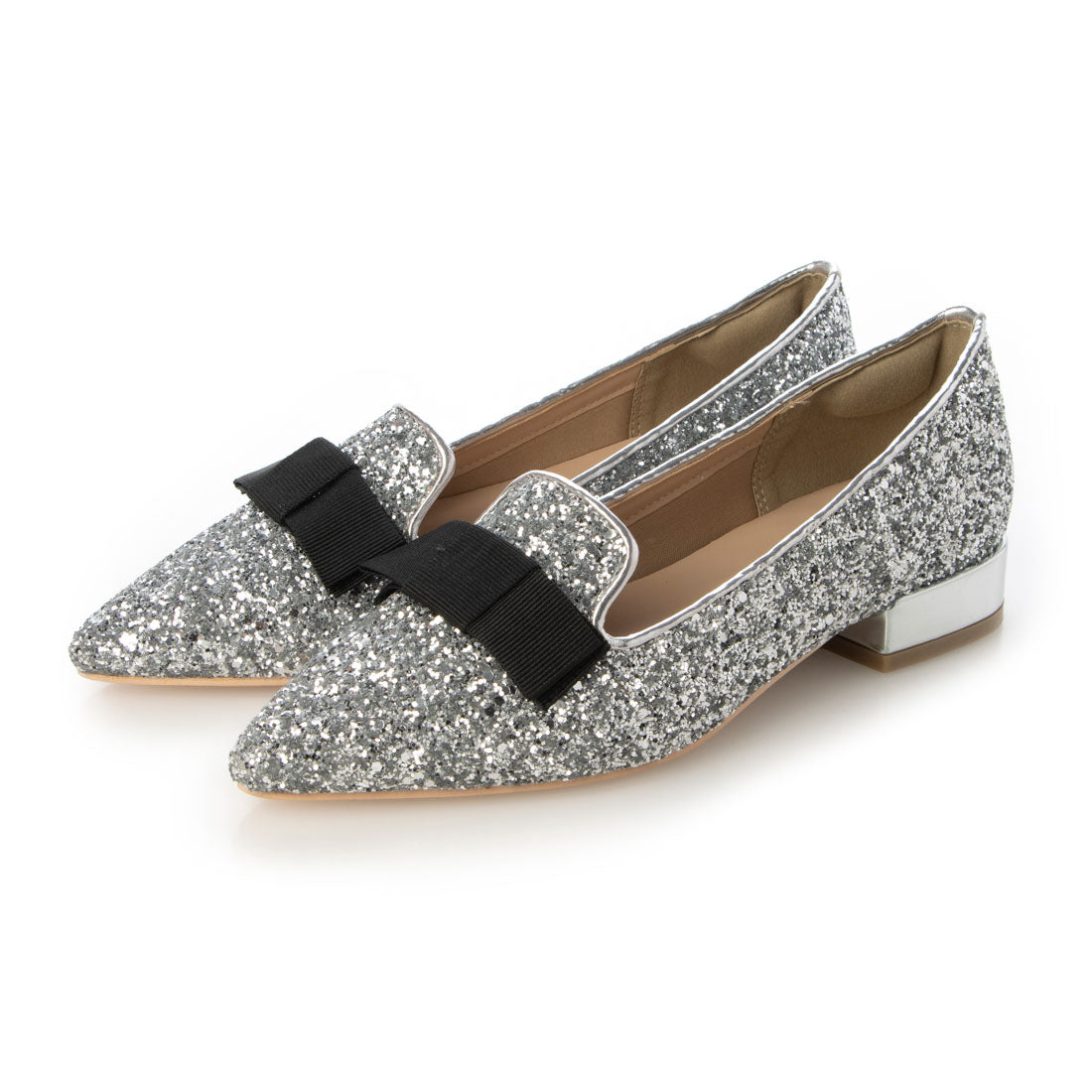 CHICS ribbon design glitter low heel pumps