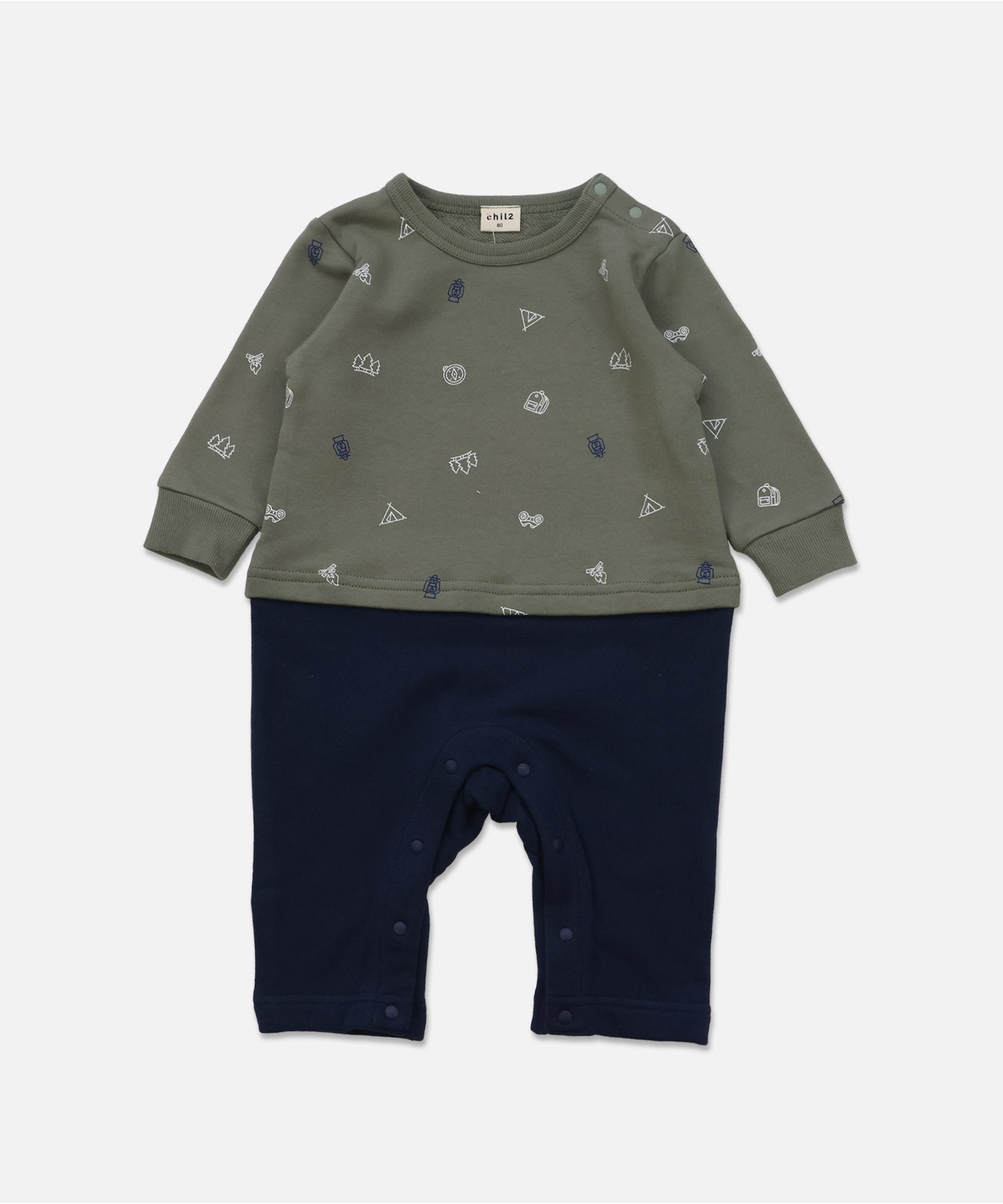 チルツー chil2 切り替えデザイン裏毛カバーオール,Fアウトドア×ネイビー