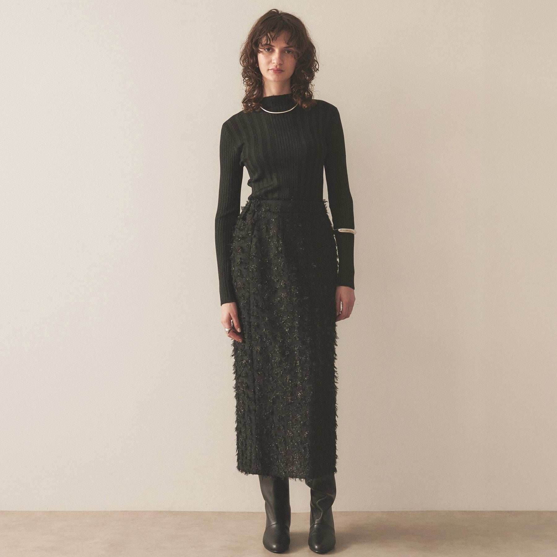 Cloenc shaggy jacquard lame long skirt