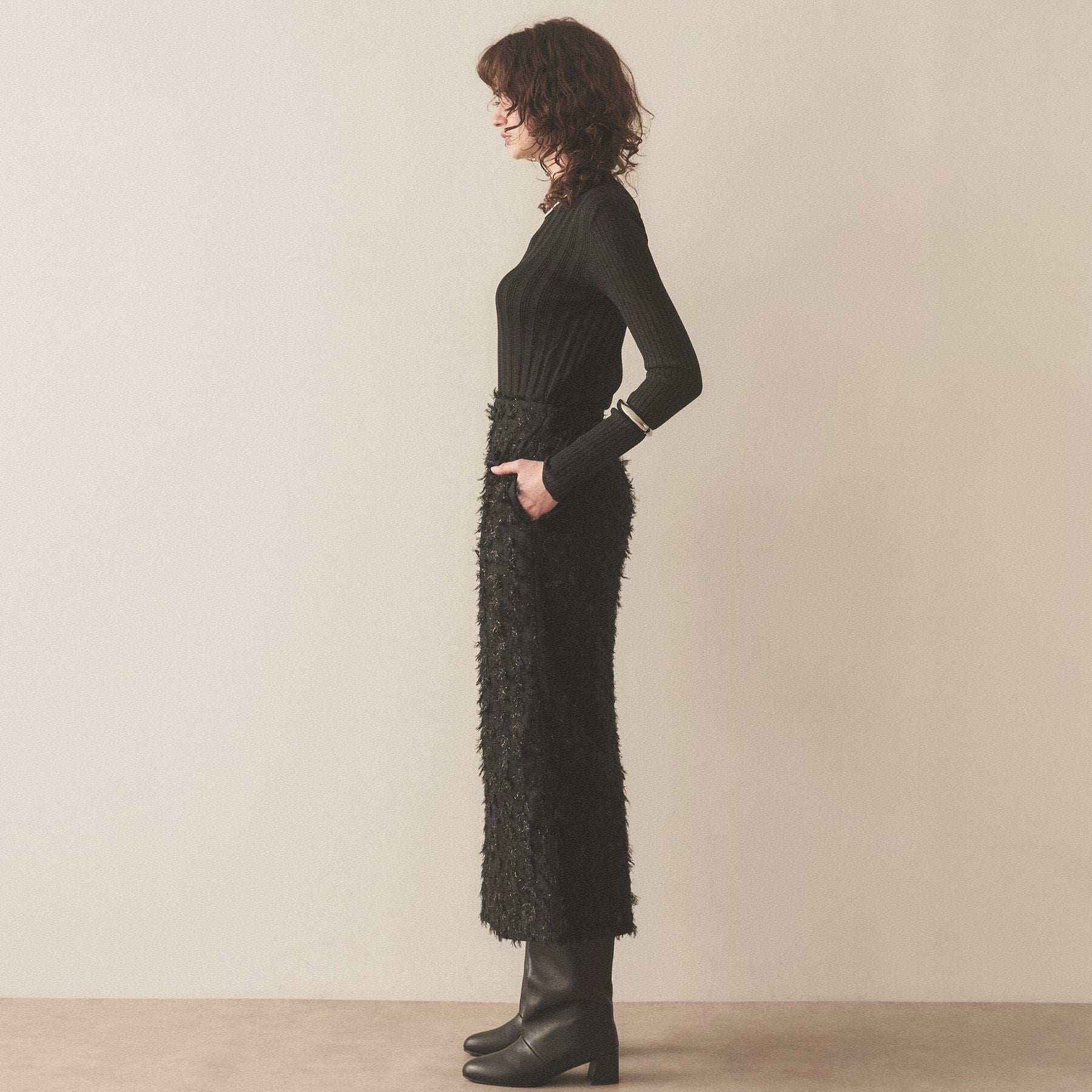 Cloenc shaggy jacquard lame long skirt