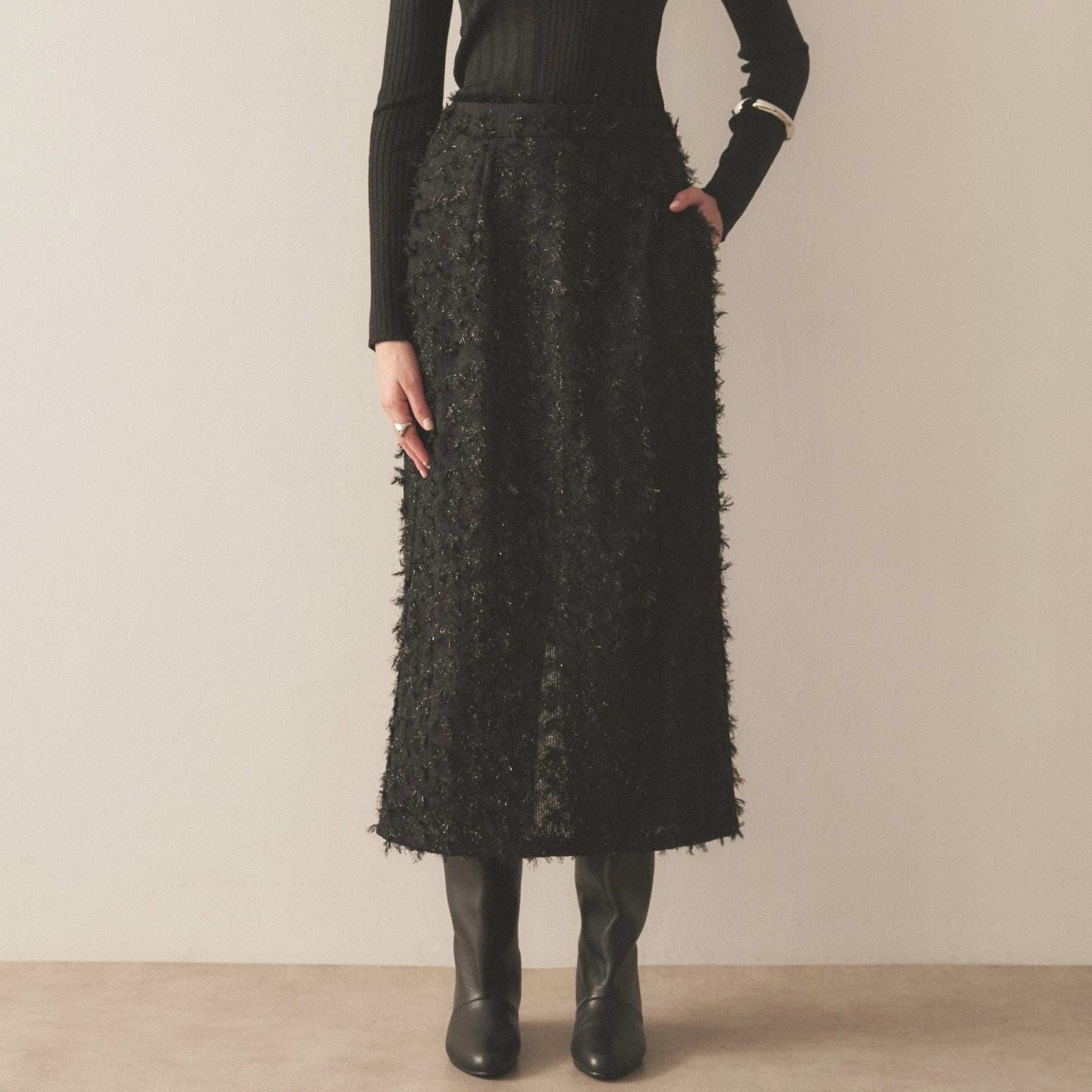 Cloenc shaggy jacquard lame long skirt