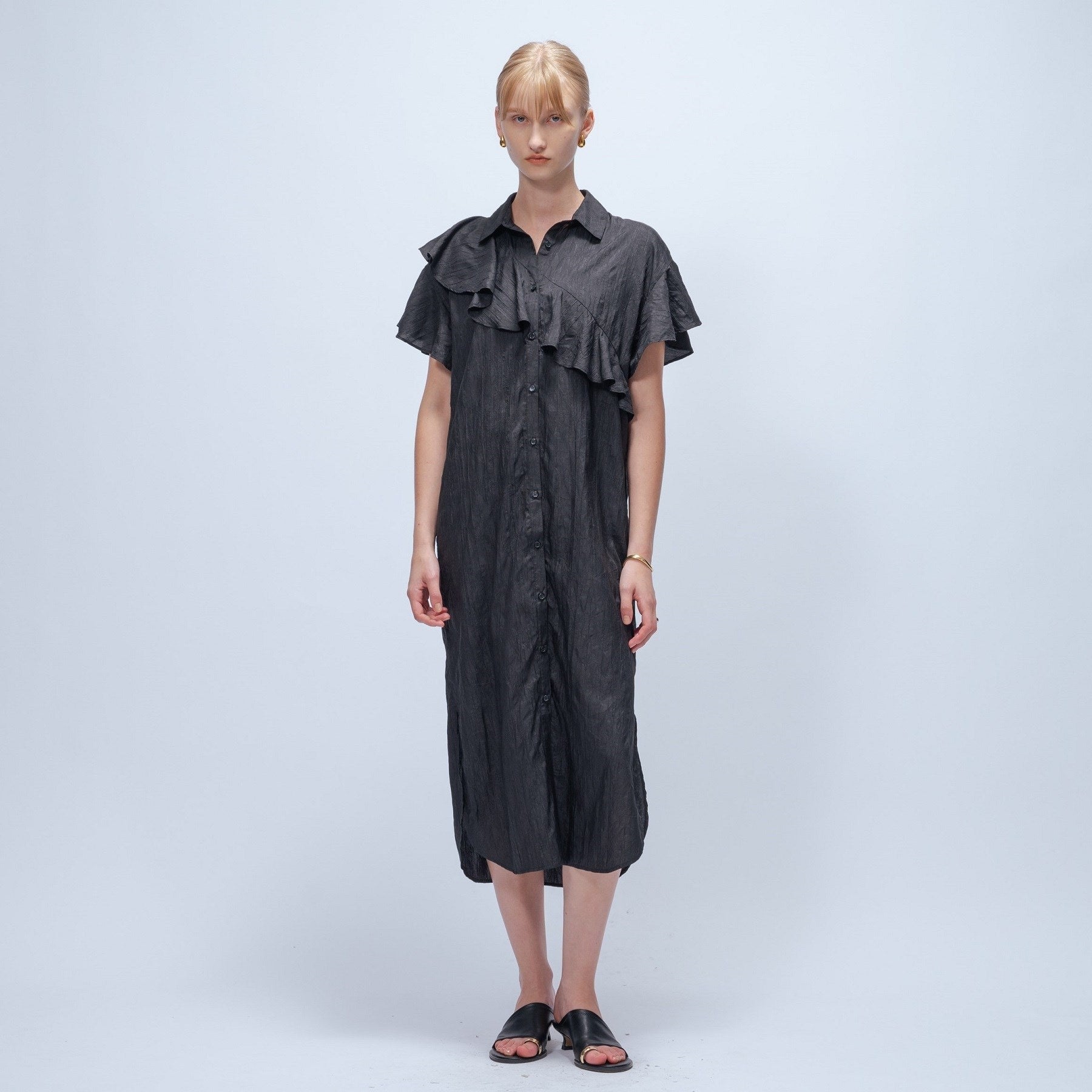 クロエンス cloenc 【手洗い可/ラクちん】フリルワッシャーワンピース (ブラック(019)) ブラック(019)