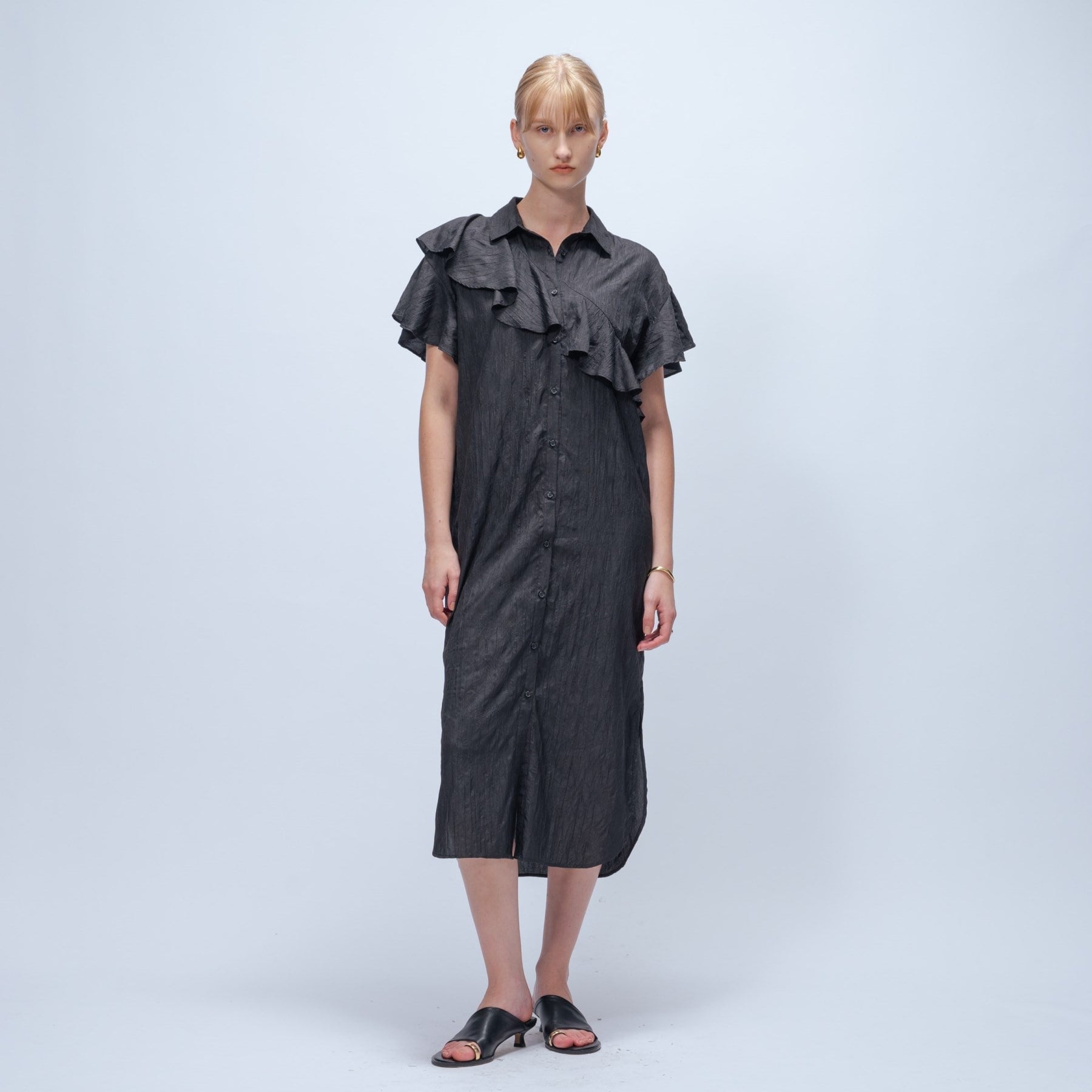 クロエンス cloenc 【手洗い可/ラクちん】フリルワッシャーワンピース (ブラック(019)) ブラック(019)