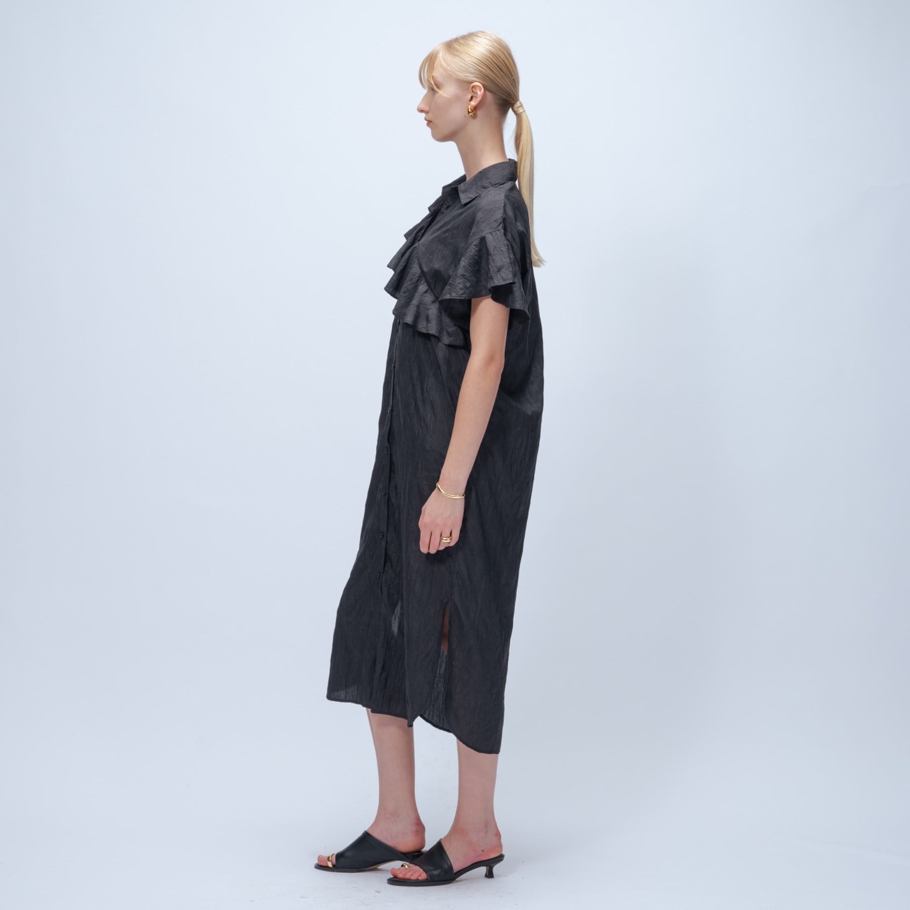 クロエンス cloenc 【手洗い可/ラクちん】フリルワッシャーワンピース (ブラック(019)) ブラック(019)