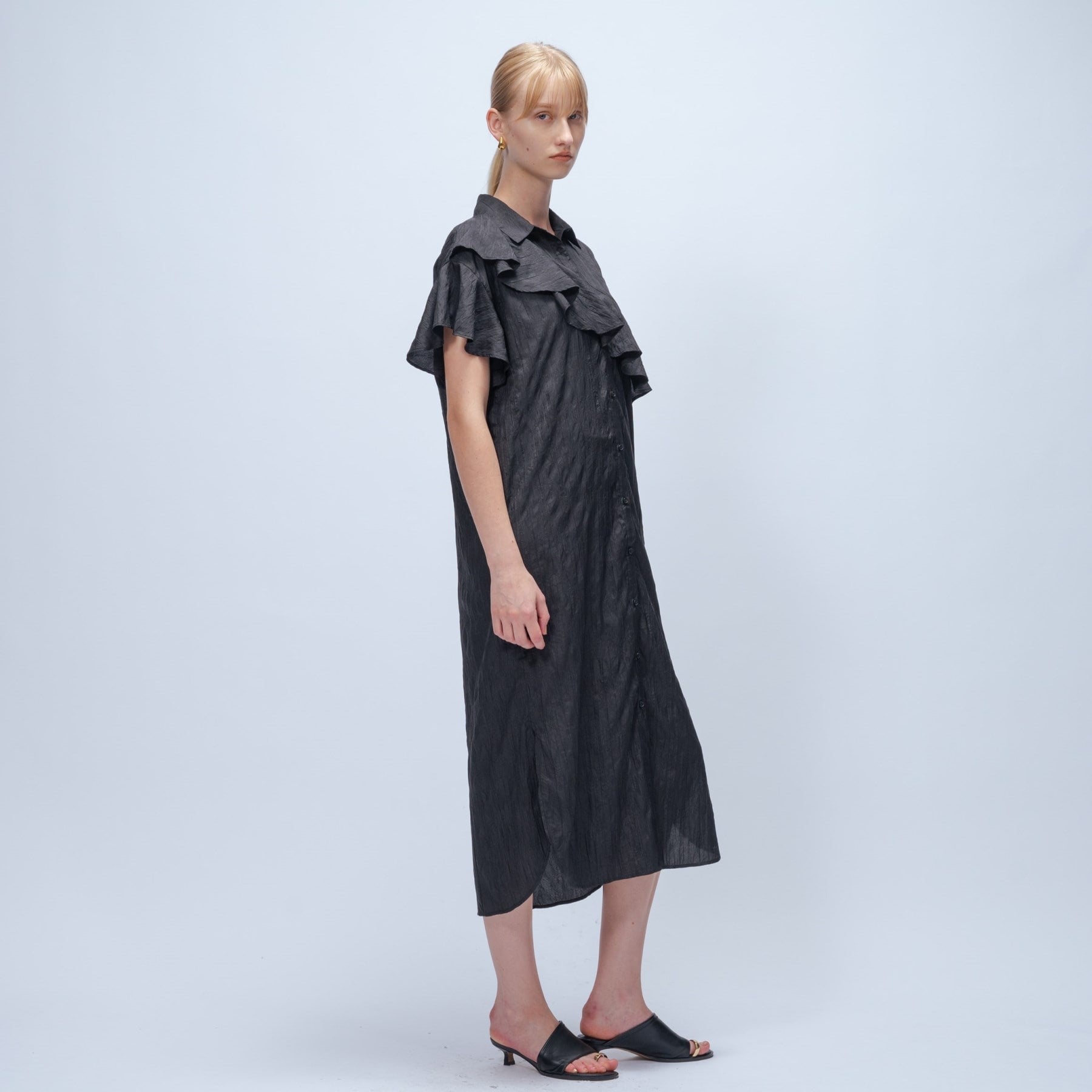 クロエンス cloenc 【手洗い可/ラクちん】フリルワッシャーワンピース (ブラック(019)) ブラック(019)