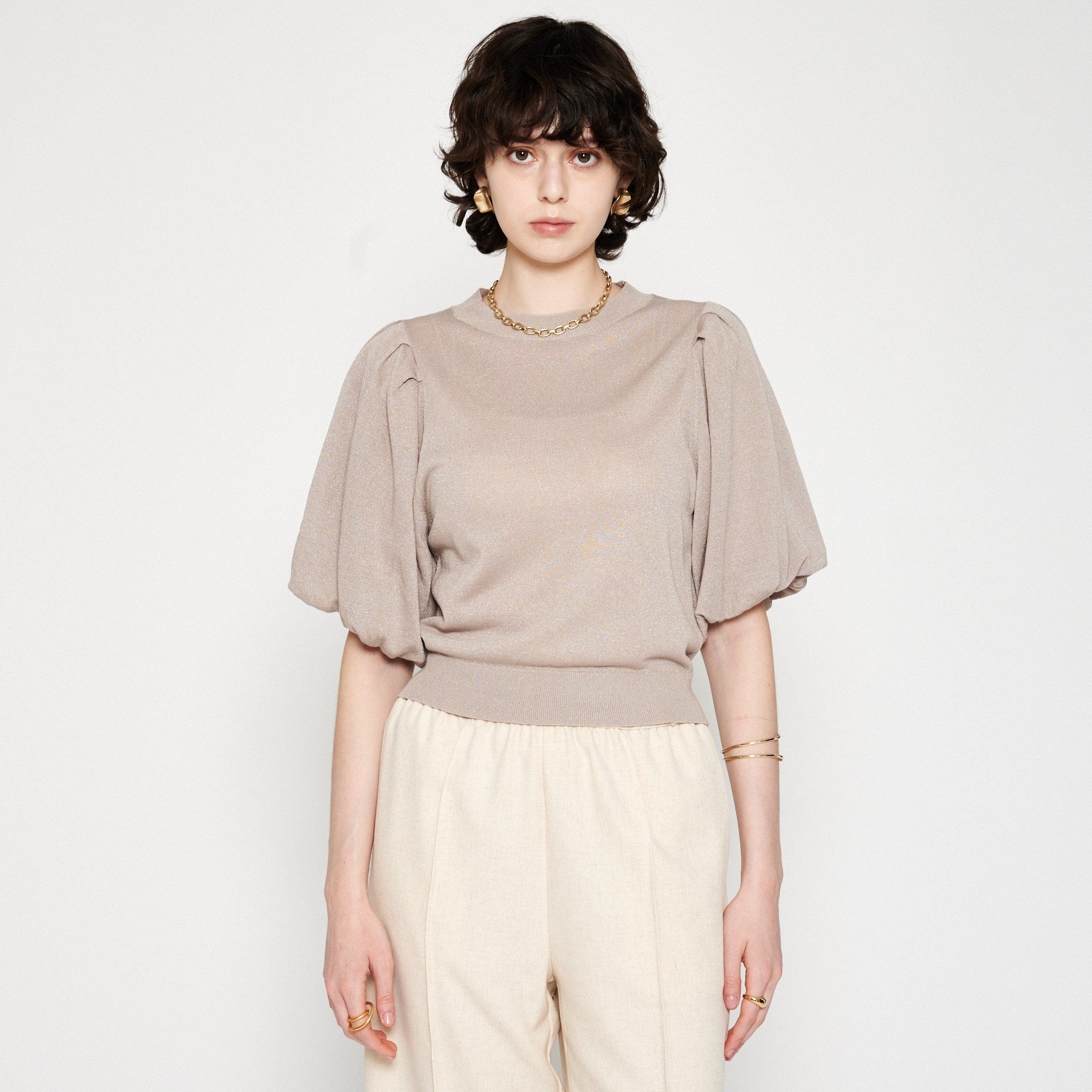 クロエンス cloenc 【手洗い可】バルーンスリーブニットプルオーバー (グレージュ(050)) グレージュ(050)