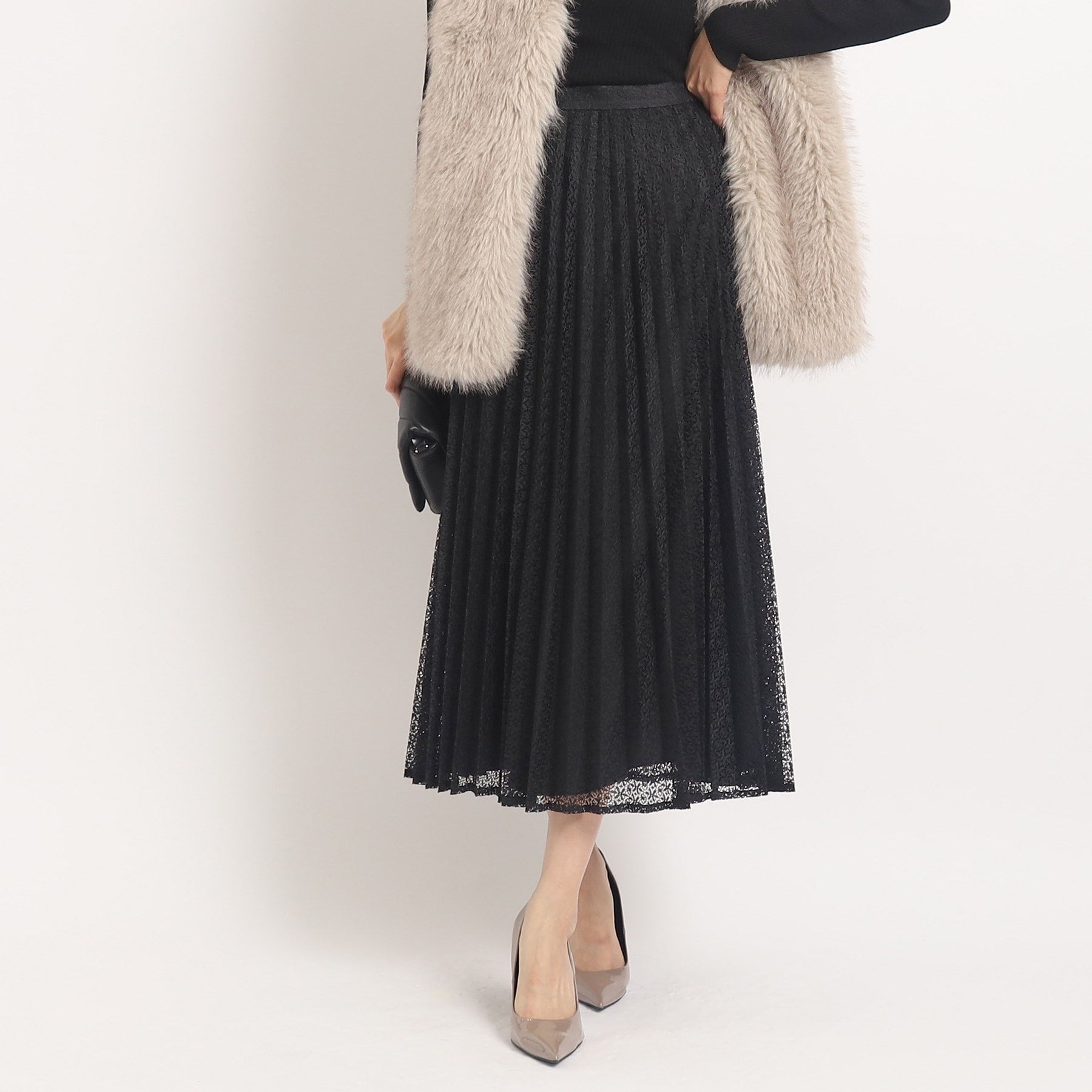 クードシャンス COUP DE CHANCE 【洗える/着回し◎】着映える!華やぐレースプリーツスカート (ブラック(019)) ブラック(019)