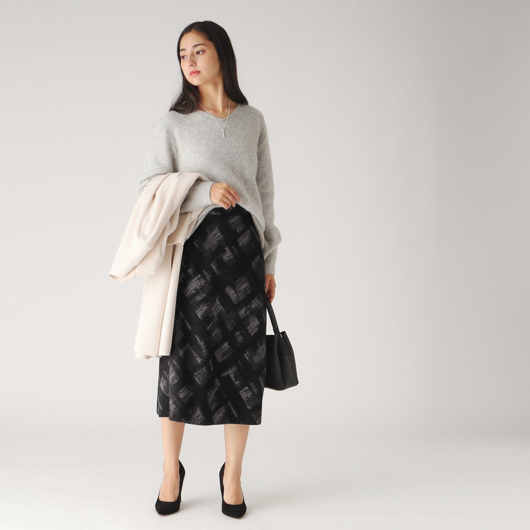 クードシャンス COUP DE CHANCE 【日本製/洗える/ウエストゴム入り】オンオフ着回し◎シャドーチェック柄スカート (ネイビー(194)) ネイビー(194)