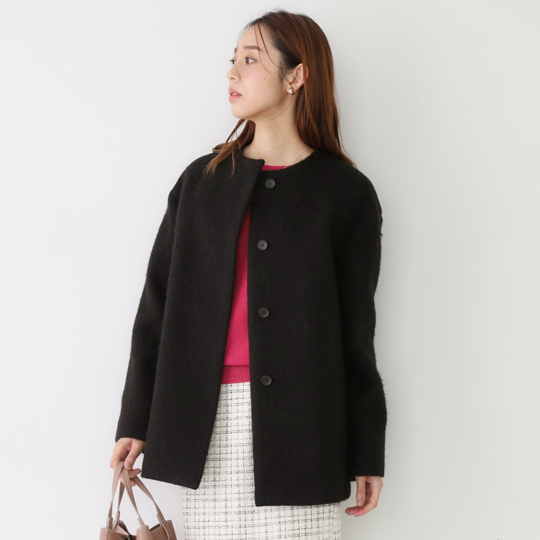 クードシャンス COUP DE CHANCE 【日本製/モヘヤ混/ヒップ丈】ノーカラーコート (ブラック(019)) ブラック(019)