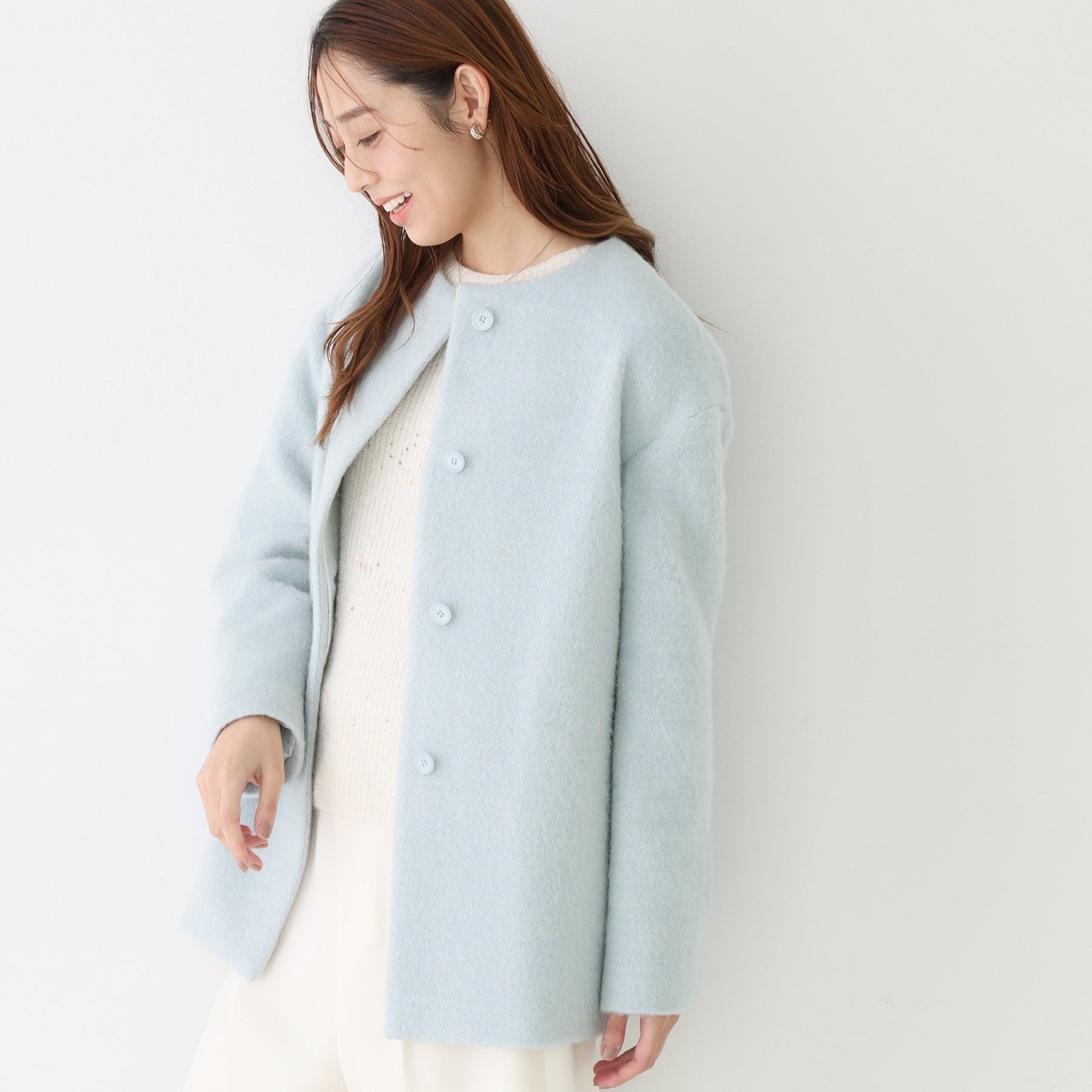 クードシャンス COUP DE CHANCE 【日本製/モヘヤ混/ヒップ丈】ノーカラーコート (ブラック(019)) ブラック(019)