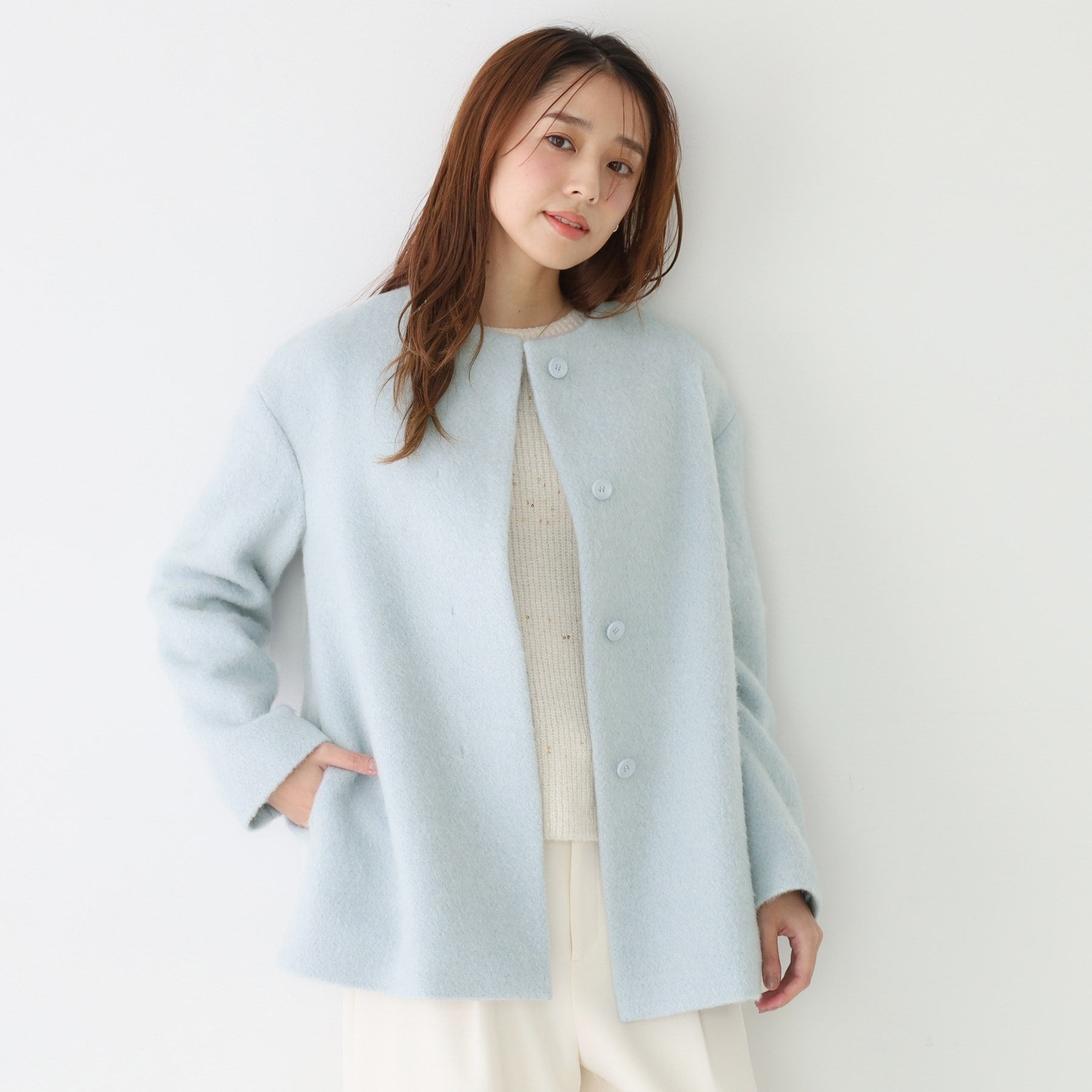 クードシャンス COUP DE CHANCE 【日本製/モヘヤ混/ヒップ丈】ノーカラーコート (サックスブルー(090)) サックスブルー(090)