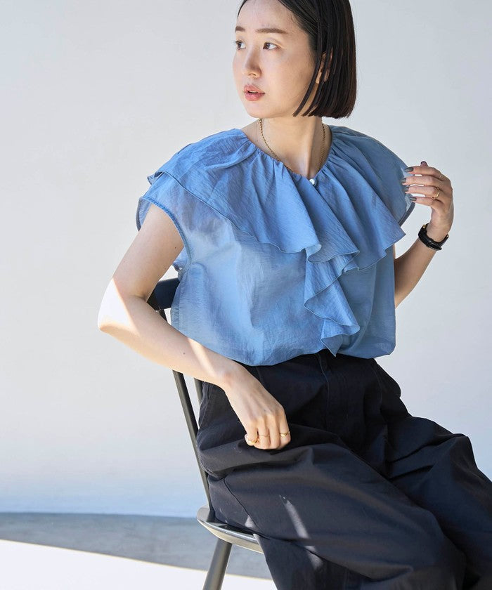インディゴライクシアーラッフルブラウス,LT.BLUE