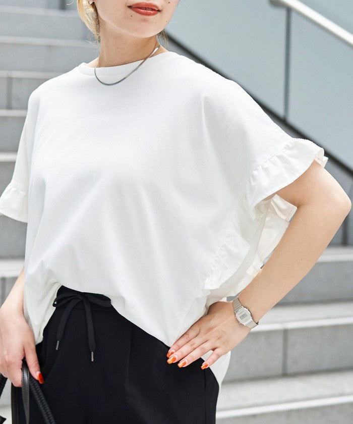 エマール検証済み【UVカット・接触冷感】WELLTECT USAコットン フリルスリーブプルオーバー BLACK