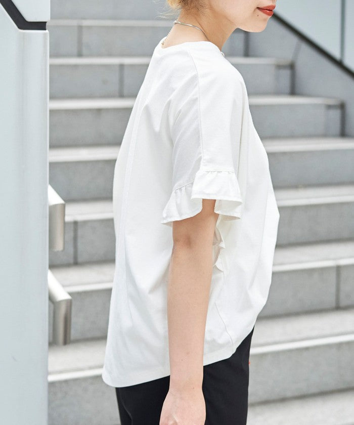 エマール検証済み【UVカット・接触冷感】WELLTECT USAコットン フリルスリーブプルオーバー BLACK