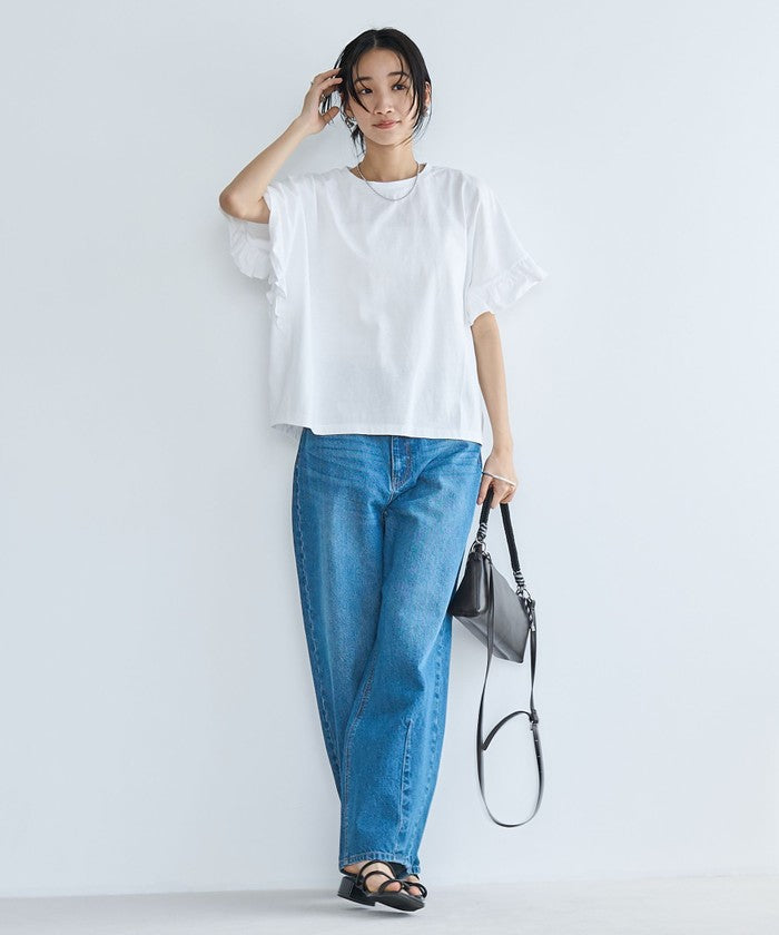 エマール検証済み【UVカット・接触冷感】WELLTECT USAコットン フリルスリーブプルオーバー BLACK