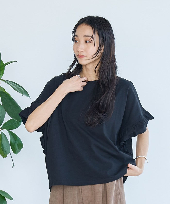 エマール検証済み【UVカット・接触冷感】WELLTECT USAコットン フリルスリーブプルオーバー BLACK