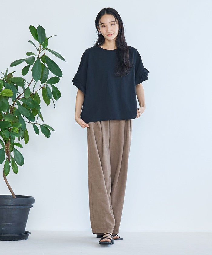 エマール検証済み【UVカット・接触冷感】WELLTECT USAコットン フリルスリーブプルオーバー BLACK