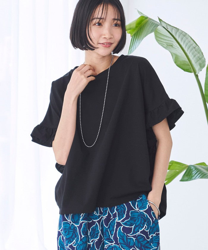 エマール検証済み【UVカット・接触冷感】WELLTECT USAコットン フリルスリーブプルオーバー BLACK