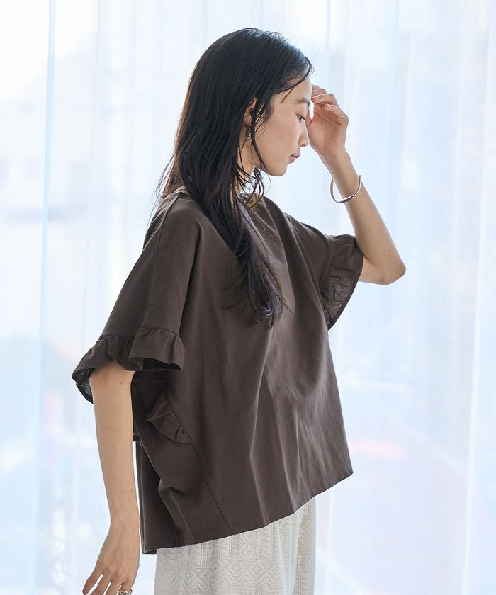 エマール検証済み【UVカット・接触冷感】WELLTECT USAコットン フリルスリーブプルオーバー BLACK