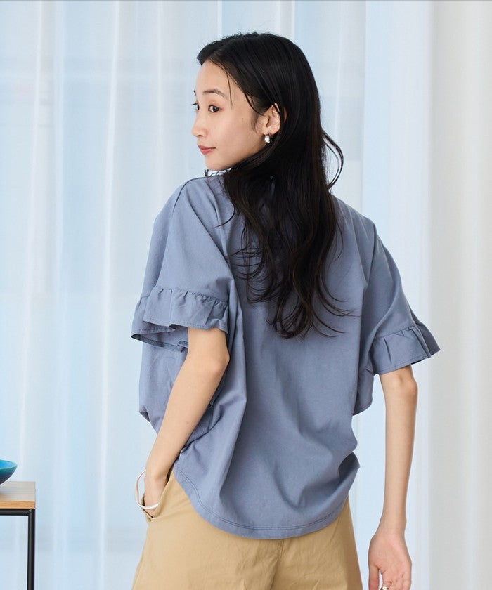 エマール検証済み【UVカット・接触冷感】WELLTECT USAコットン フリルスリーブプルオーバー BLACK