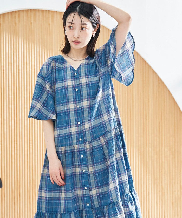 コーエン coen Suuコラボ チェックフレアスリーブOP (LT.PINK) LT.PINK