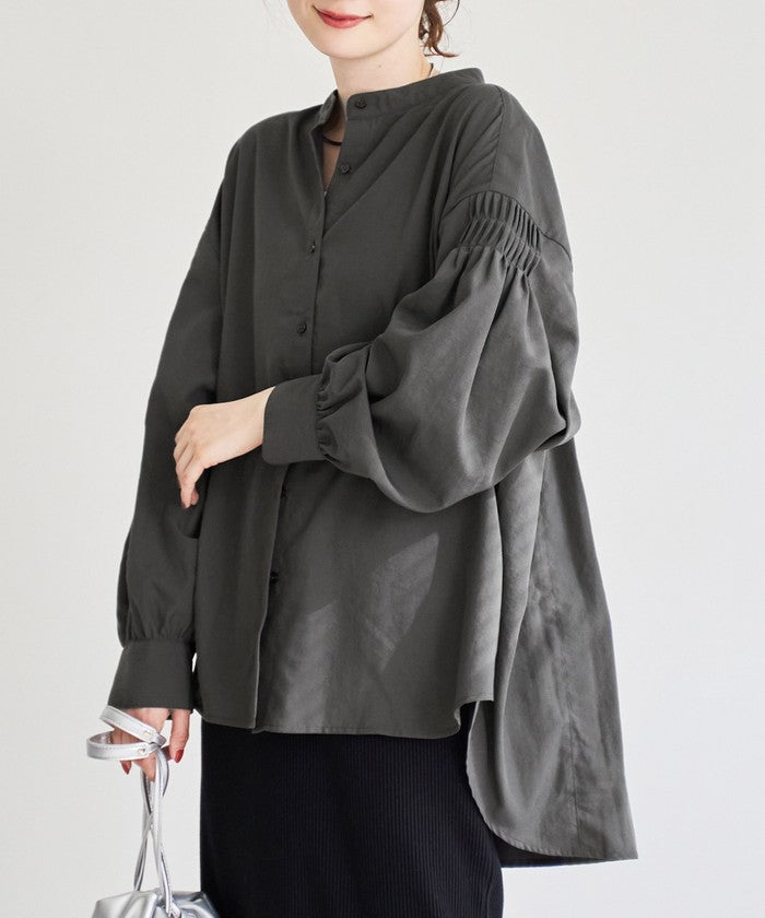 ピンタックバンドカラーブラウス DK.GRAY