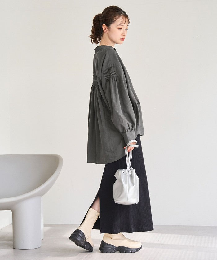 ピンタックバンドカラーブラウス DK.GRAY